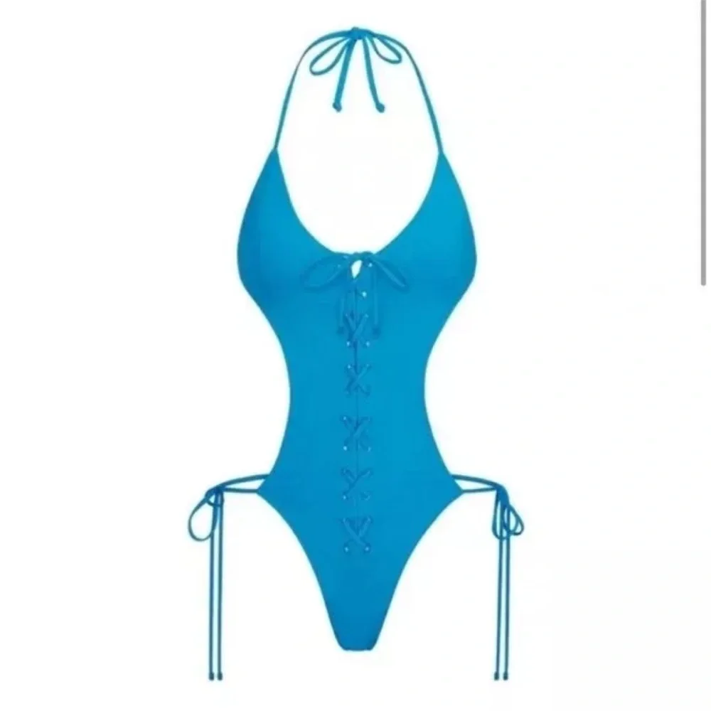 NWOT SKIMS Signature LaceUp Monokini Turquoise Kim Kardashian Swimsuit Size M